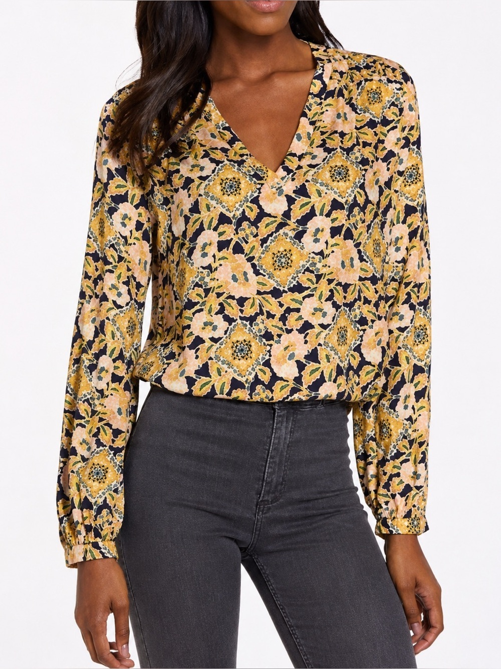 Hinge Boho Floral Blouse Smocked Yoke Navy Mustard Long Sleeve Top Size M